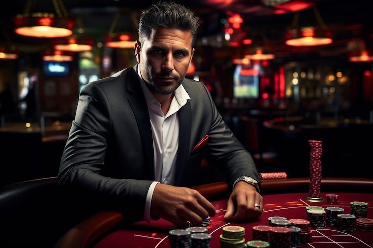 Dealer live casino dengan meja permainan dan kartu siap membagikan kartu secara langsung